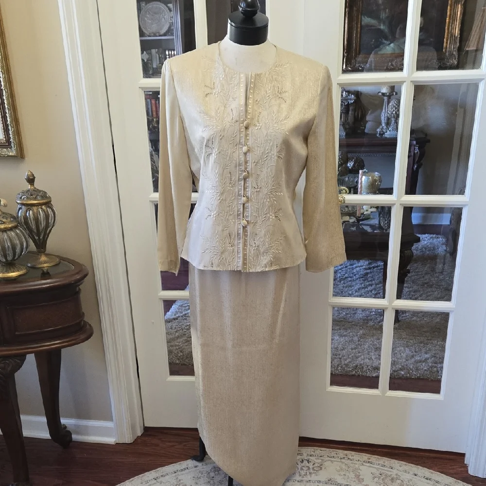 Adrianna Papell 100% Silk Cream Embroidered Beaded Maxi Pencil Skirt Suit 12 EUC
